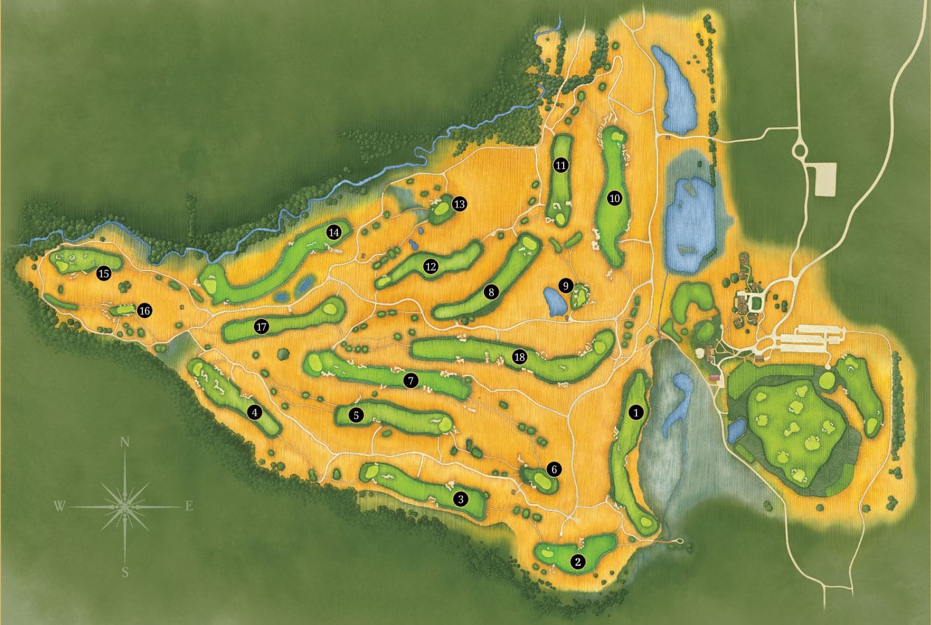 Erin Hills course map, including the layout and location of the 18-hole course, the Drumlin putting course, the clubhouse, pub, cottages, and lodge